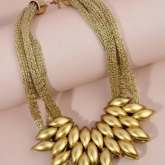 Gold African Bib Tassel Choker Necklace and Earrings Set, Tribal Ethnic Style, C - Picture 8 of 9